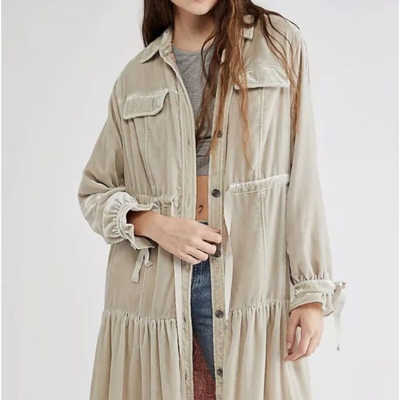Free People Bella Donna Velvet Duster Tiered Silky Printed Lining Gray Stone